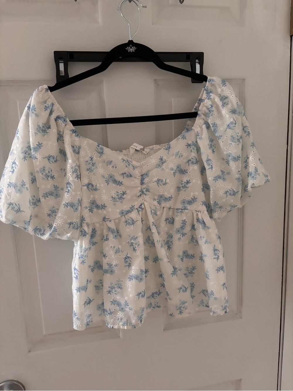Altar'd State White Eyelet Blouse with Light Blue Floral Print